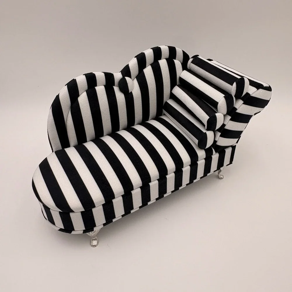 KOT Black White Striped Chaise Lounge Sofa Jewelry Box Mirror Ring Organizer